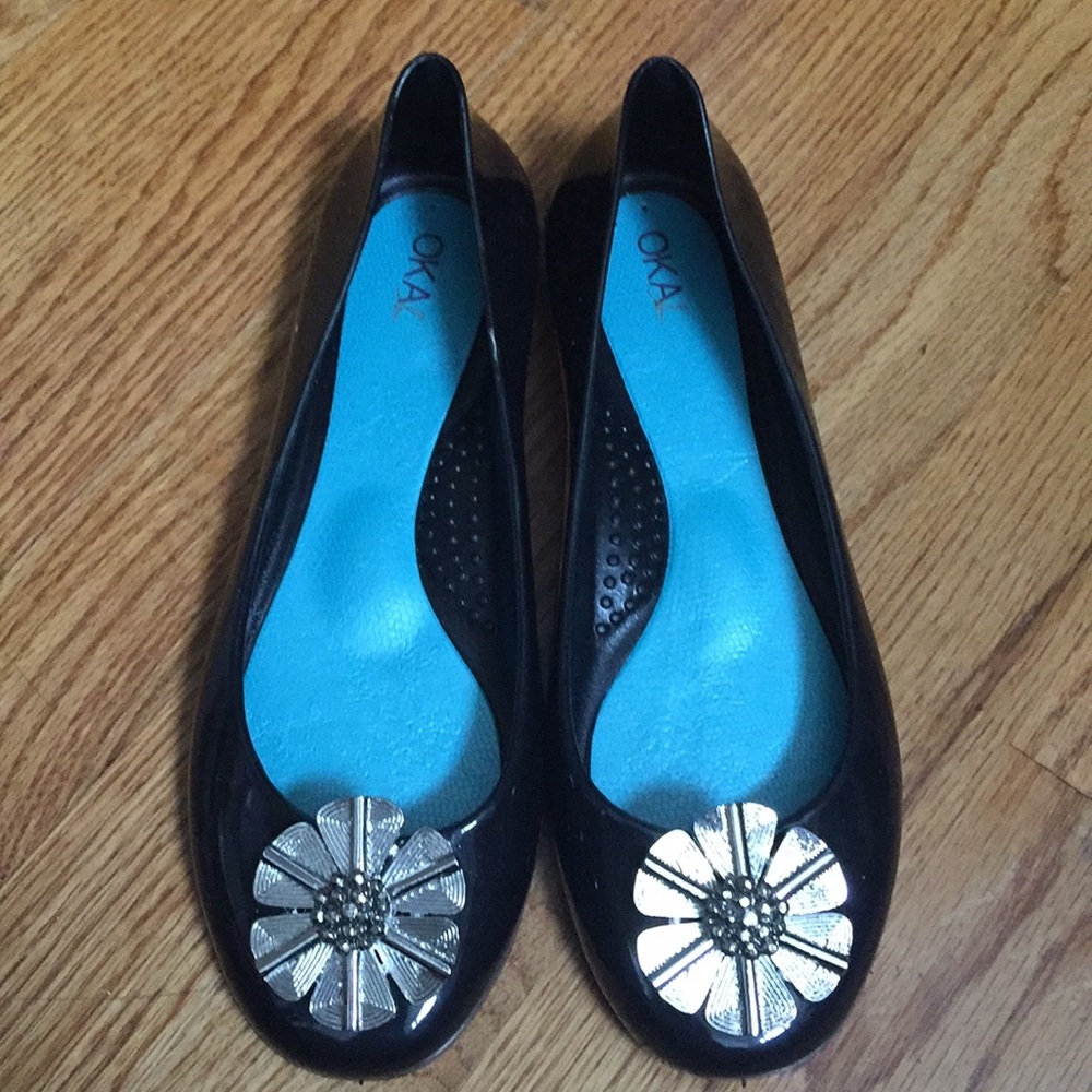 Oka.b Black and Teal Jelly Flats Shoes US 7